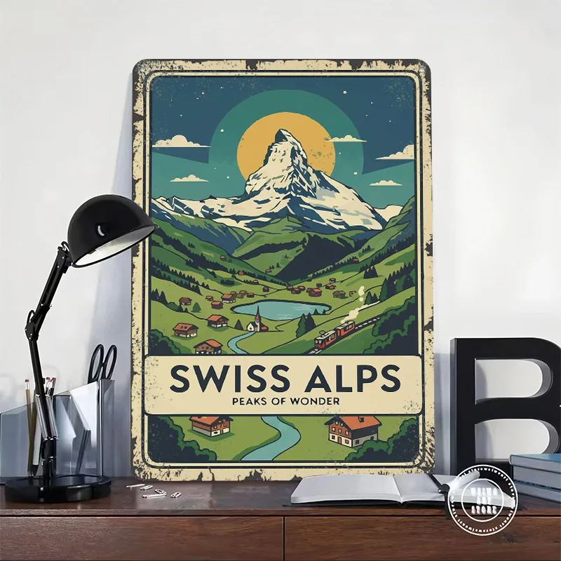 Swiss Alps Travel Tinplate Poster Customized Wall Art Vintage Retro Metal Signs for Aesthetic Decoration Room Home Decor Items