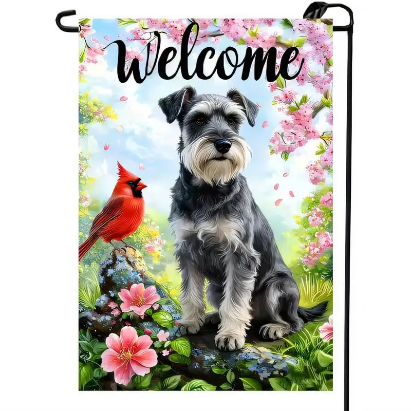 Vibrant Spring Garden Flag with Schnauzer, Red Cardinal & Cherry Blossoms - Welcome Design, Durable Polyester Outdoor Decor for