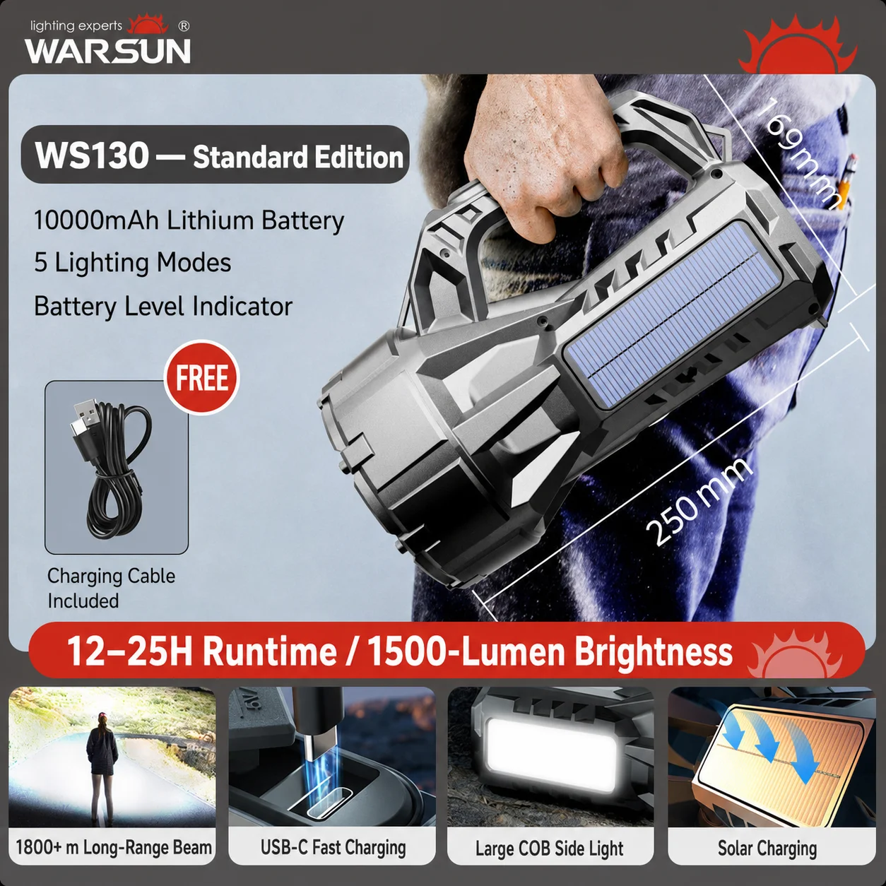WARSUN WS130 Ultra-Bright Rechargeable Searchlight, Long-Runtime Handheld Spotlight with Large-Capacity Battery for Patrol, Camp