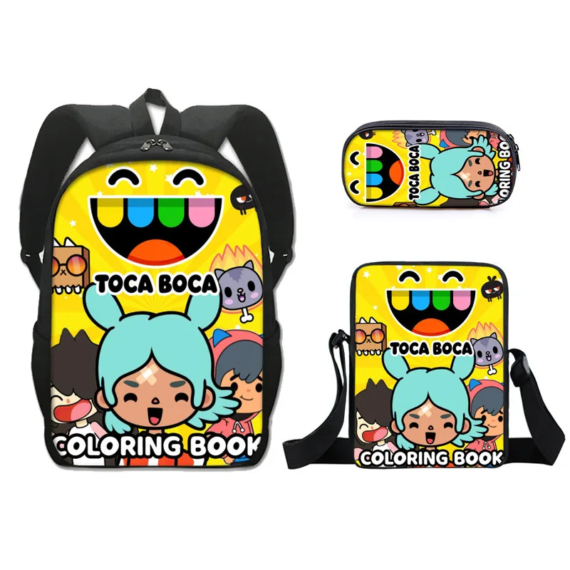 Cartoon mochila Toca Life World para crianças, mochila escolar, bolsa de ombro, bolsa lápis, conjunto de 3 bolsas escolares para menina e menino