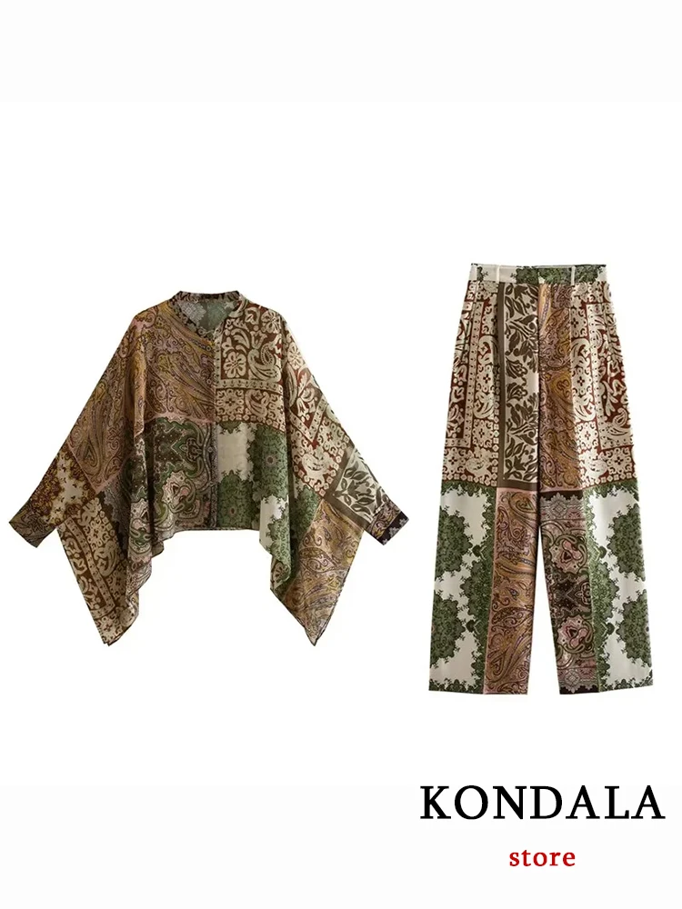 KONDALA Vintage Patchwork Print Bohe Stain Women Suit Chic Batwing Sleeve Button Shirts+Wide Leg Pants Fahsion 2023 Holiday Sets