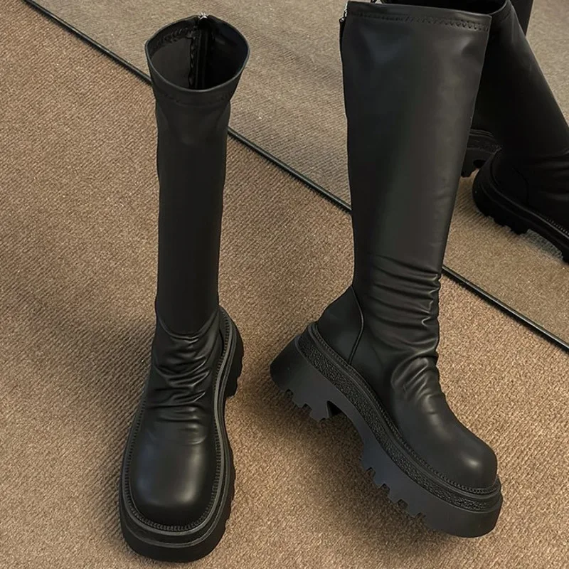 Muffin Knee-high Women Thigh High Boots 2024 Autumn and Winter New Fashion Fold Pile Elastic Leather Shoes Female Platform