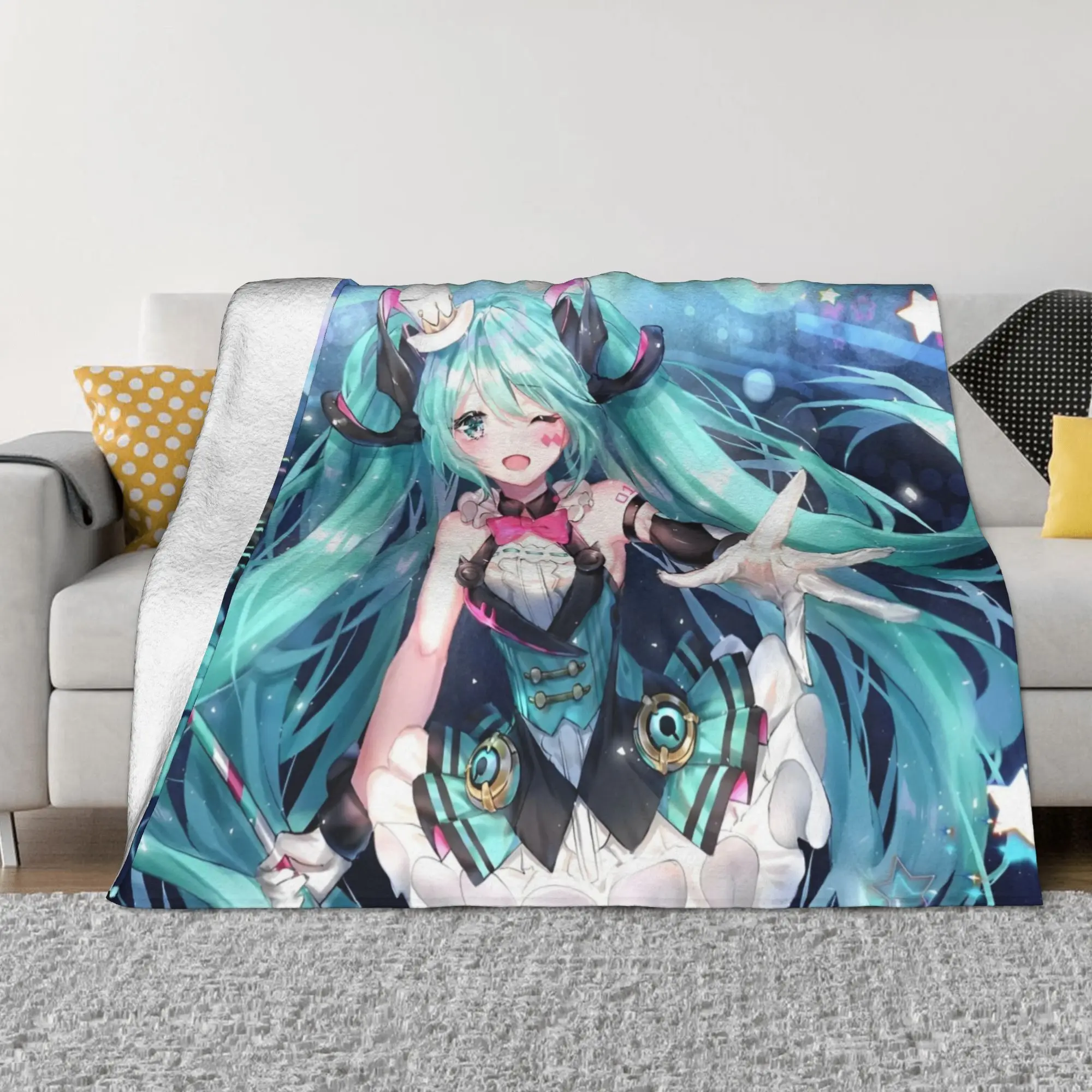 H-Hatsunes Mikus Kawaii Girl Flannel Throw Blankets Anime Blankets for Bed Bedroom Warm Quilt