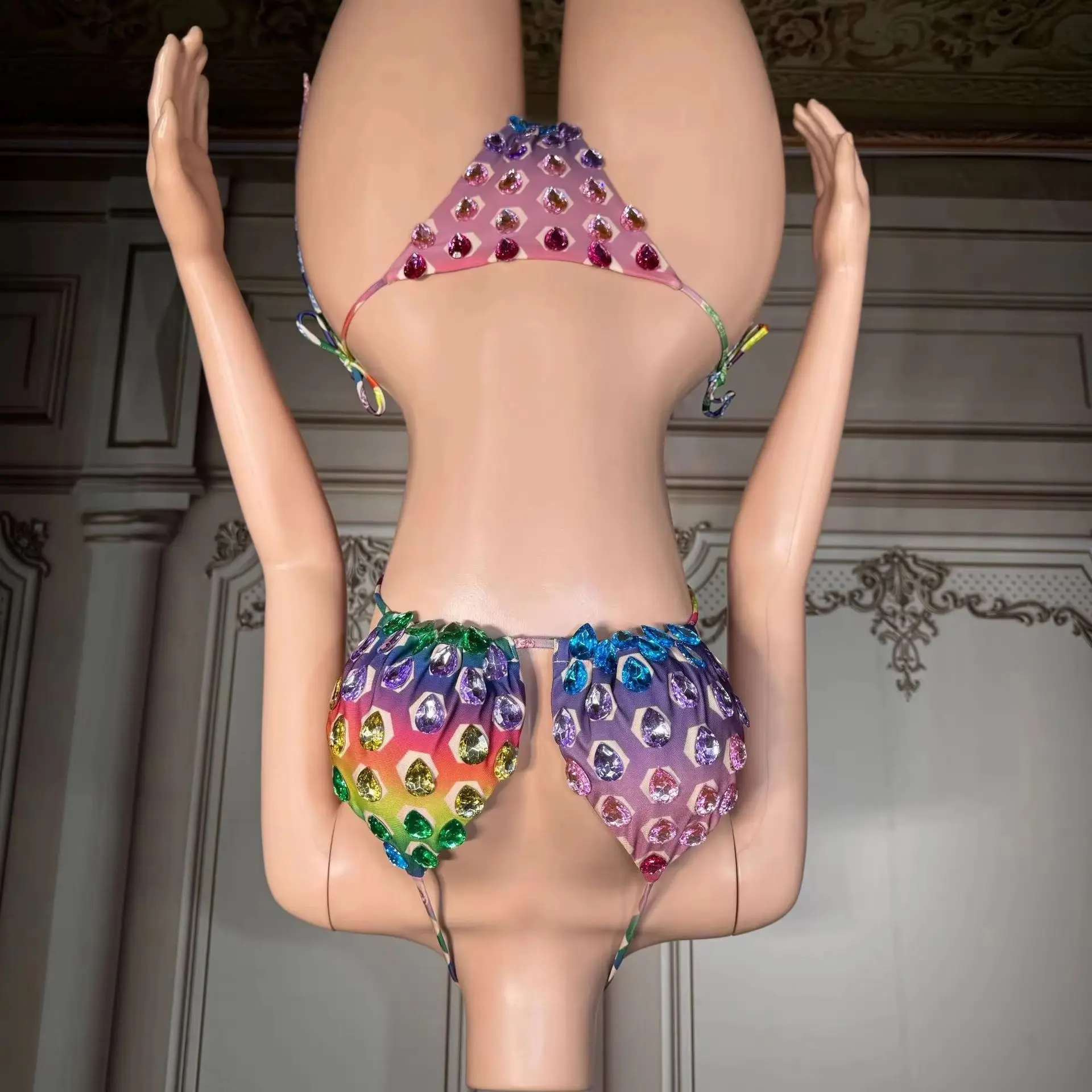 Colorful rhinestone sexy halter-neck tight two-piece swimsuit bikini three point beach resort swimsuit plus size