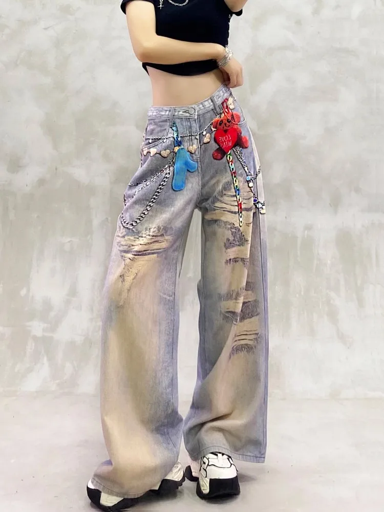 Personality Printed Vintage Women Denim Pants High Waist Loose Fit Casual Hip Hop Wide Leg Jeans Streetwear Straight Trousers