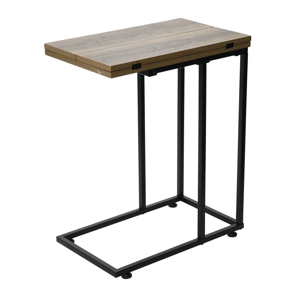 

Extendable C Shaped Side Table Rustic Ashwood Laminate Metal Frame Compact Couch Table Adjustable Feet Modern Indoor Use