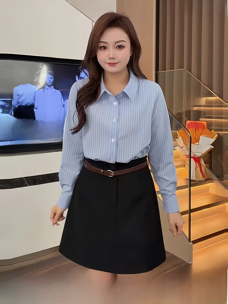 

Blue Striped Suit Dress Elegant Korean Style plus Size Women's Spring Fashion High Waist A-Line Skirt One-Piece Dress