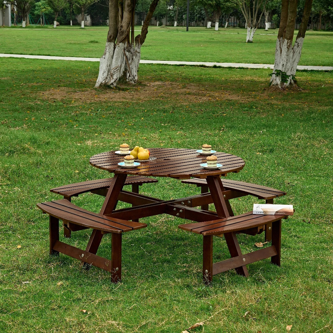 

Brown 8-Person Round Picnic Table w/ 4 Built-in Benches & Umbrella Hole, Outdoor Set for Garden/Backyard/Patio