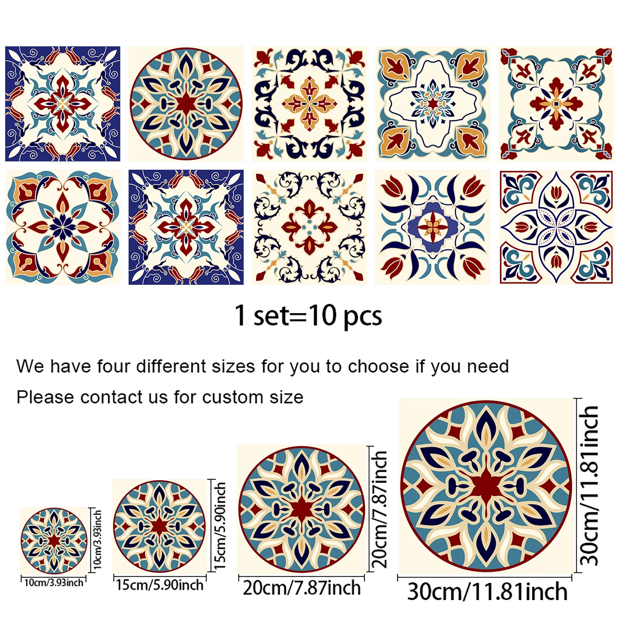 10pcs/set Thick PVC Self-adhesive Ceramic Tile Stickers Waterproof Oil Proof Kitchen Bathroom Living Room Wall Decoration