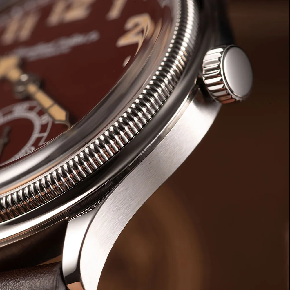 HRUODLAND Automatic Pilot Watch for Men Arabic Numeral Dial Domed Sapphire Crystal C3 Lume Small Seconds Leather Strap