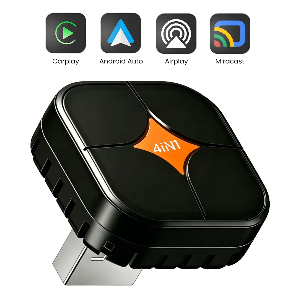 4-in-1 Dongle Wireless CarPlay Adapter for Android Auto, Mirror Link, For iPhone ios18+ Airplay Screen Mirroring, Plug & Play