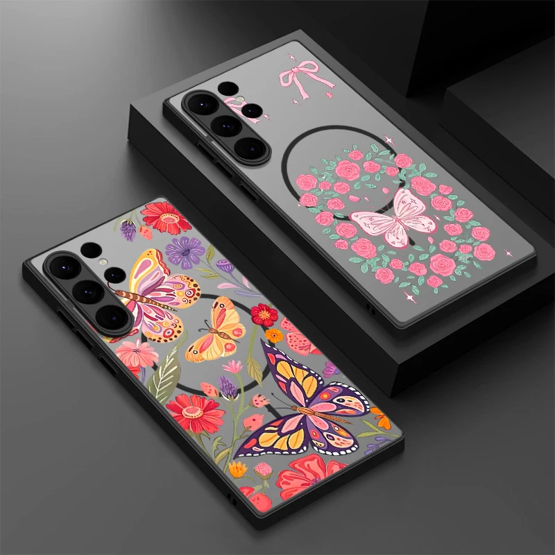 Magnetische Handyhülle für Samsung Galaxy S25 Edge S24 S23 S22 Ultra S24 Plus S24 S23 S21 S20 FE Blume Schmetterling TPU PC Rückseite