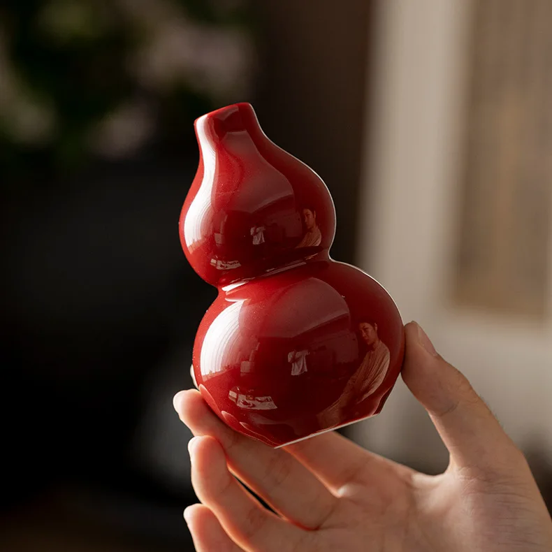 Chinese Red Ceramic Gourd Vase Small Home Decor Lucky Fortune Table Ornament