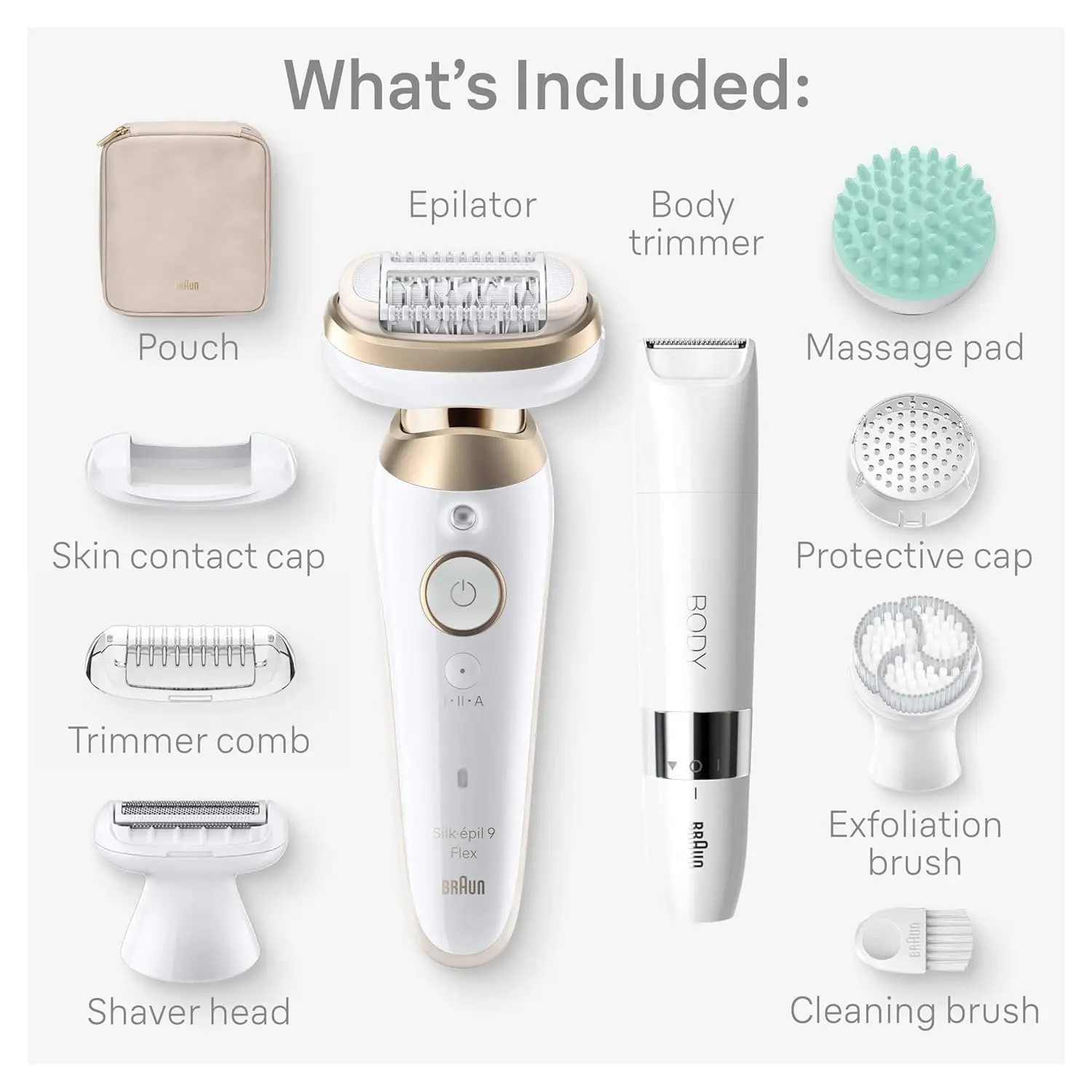 Epilator Silk-épil 9 Flex SkinSpa, Hair Removal Device, 360 Flex and Pivoting Head, Wet and Dry, Includes Shaver Head, Trimmer C