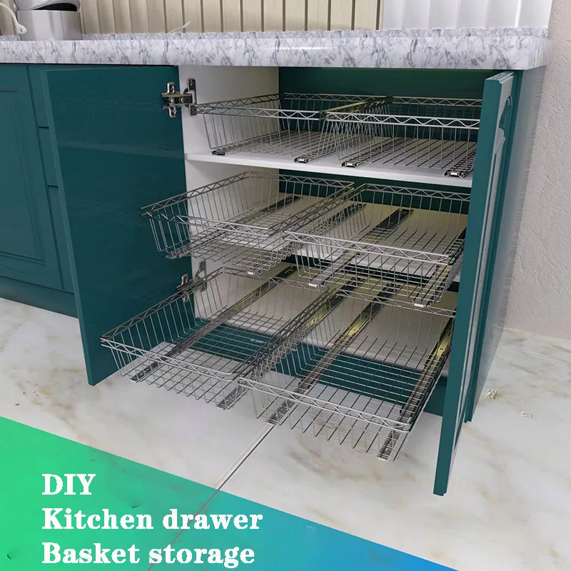Cesta de cajón para armario, estante de almacenamiento de cocina, organizador deslizante, extraíble, de acero inoxidable, tipo de cajón, cesta de