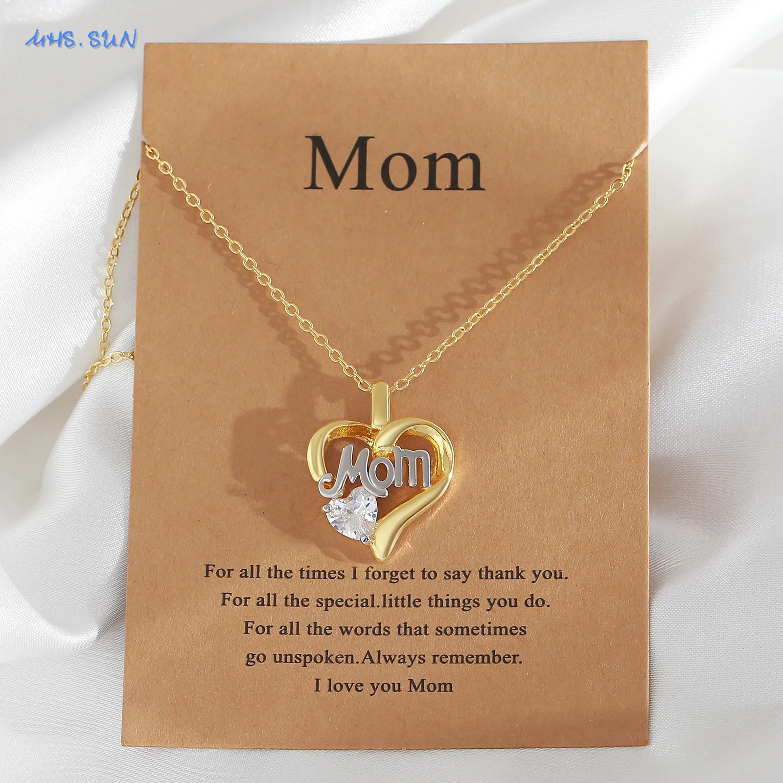 MHS.SUN Letter Mom Zircon Heart Pendant Necklace With Card Fashion 22K Gold Plated Mother's Day Clavicle Women Jewelry Gifts