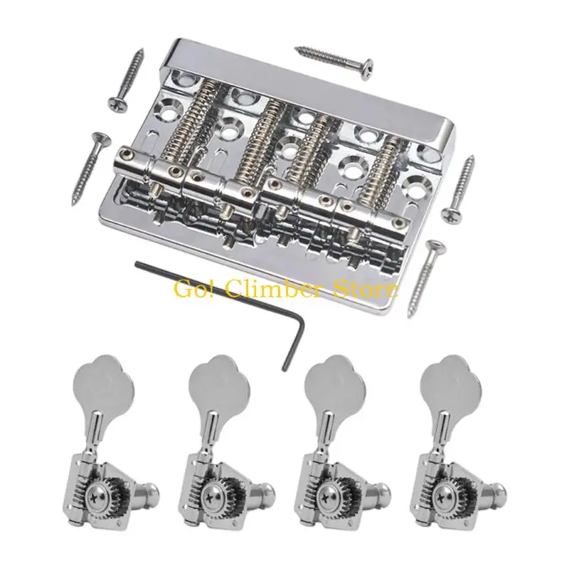 Q84C 4-String Bass Bridge and Machine Head Set, Four Independent String Supports for Individual Height and Intonation Adjustment