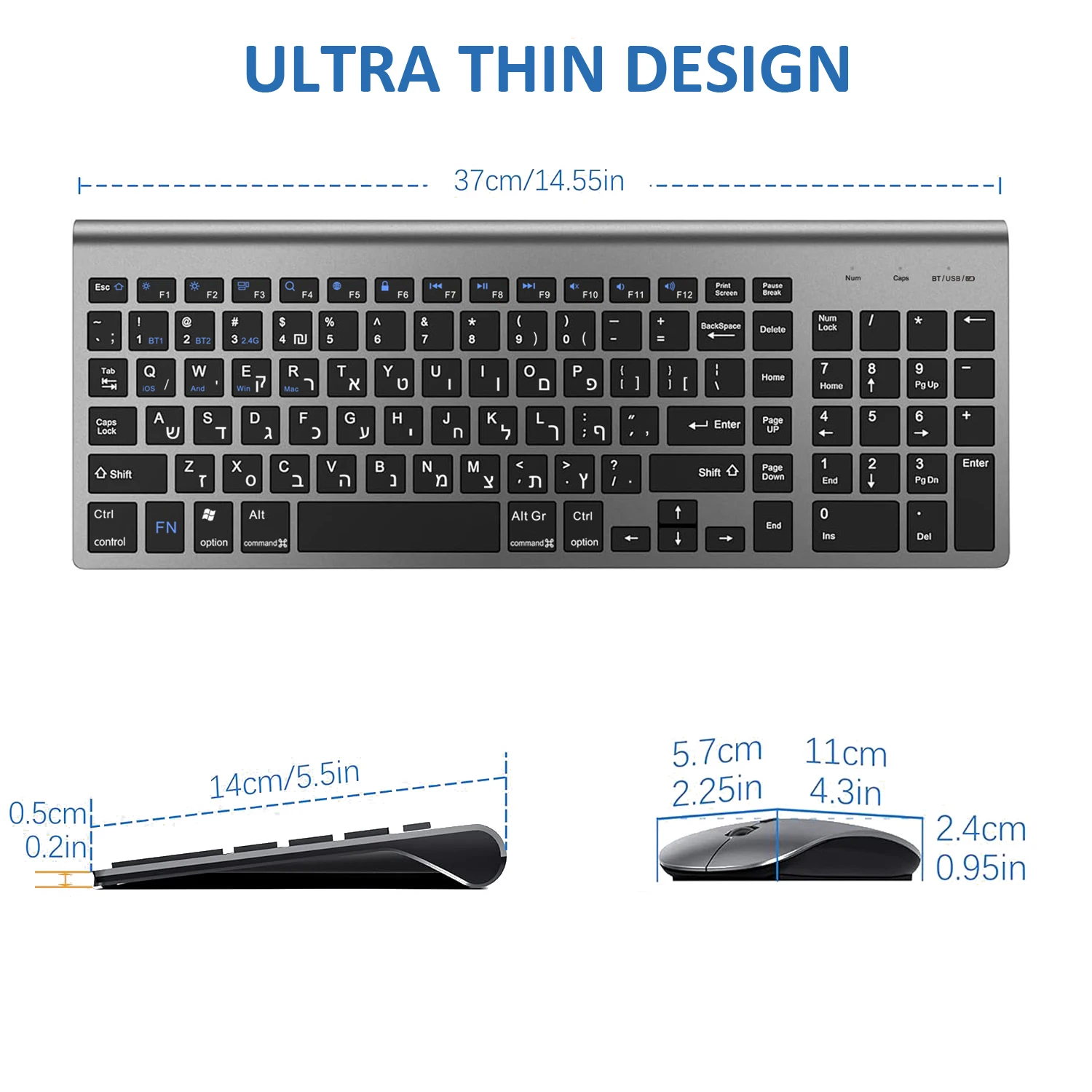 Hebrew English Ultra Thin Israel Dual Mode Three Channel Bluetooth Wireless Keyboard and Mouse for Windows IOS Mac Android