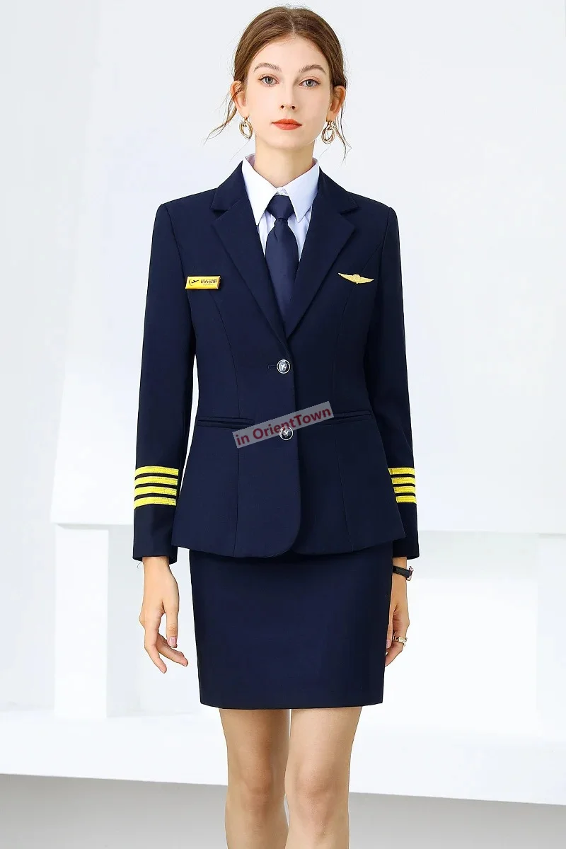 High End Spring Aviation Pilot donna Captain Uniform Navy Blue Slim Fitting Coat Pants Set professionale autunno gonna camicetta Suit