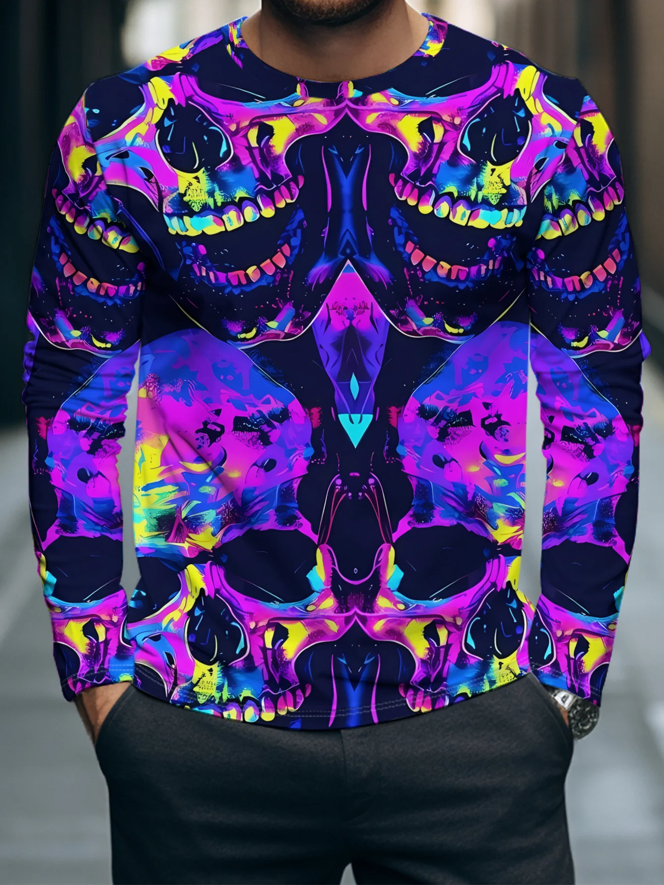 Men Long Sleeve T‑Shirt Colorful Neon Skull 3D Print Halloween Gothic Casual Street Top
