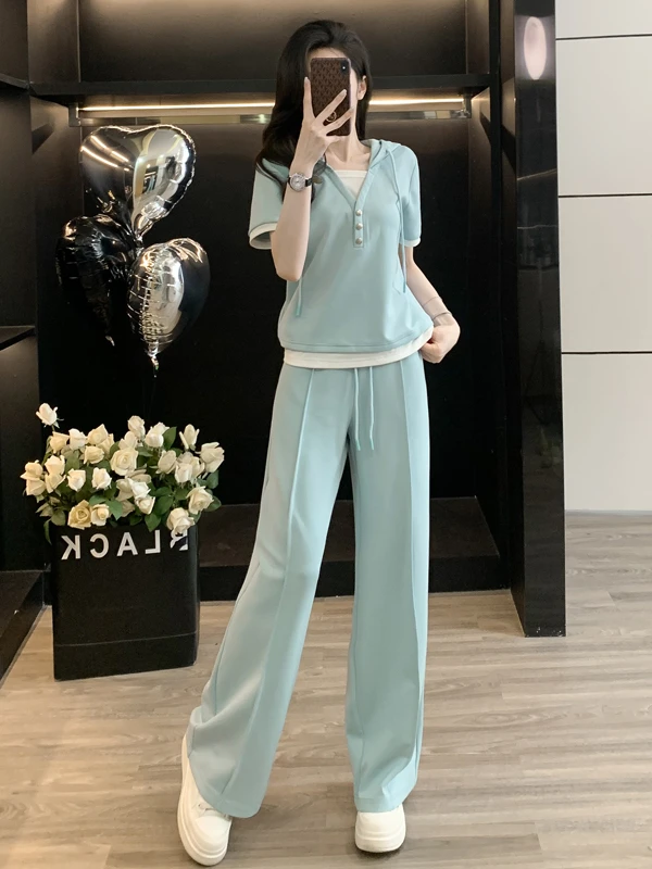 

Salt Series Casual Sports Set Women Summer Slimming Anti-Aging Two-Piece Short Sleeve Top Wide Leg Pants Set Cotton Polyester...