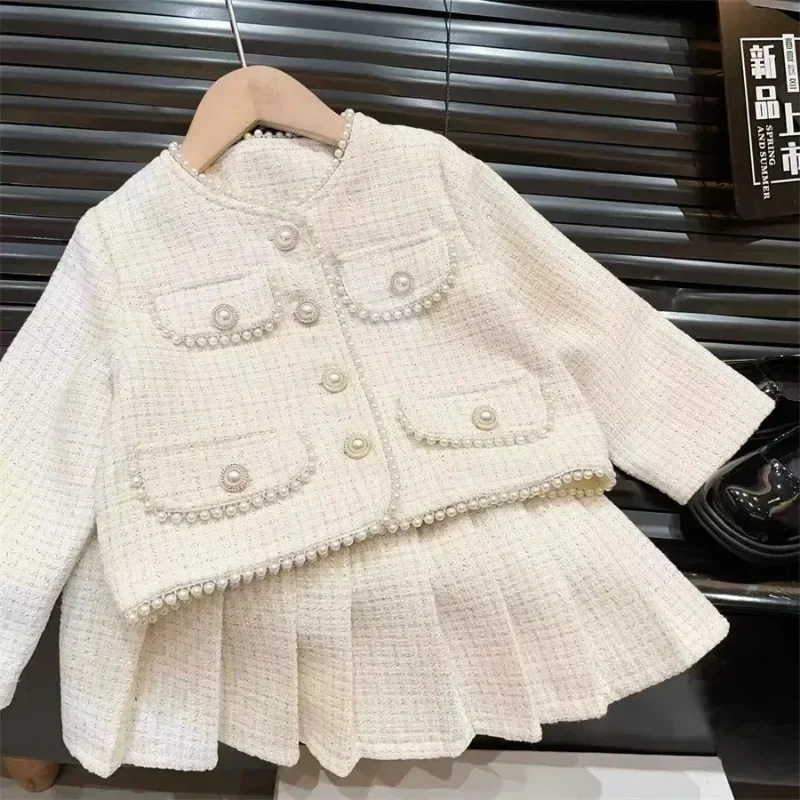 New Girls Set 2025 Spring Fashion Childrens Coat Skirt Small Fragrant Wind Two Piece Set Small Fragrant Wind Childrens Wear