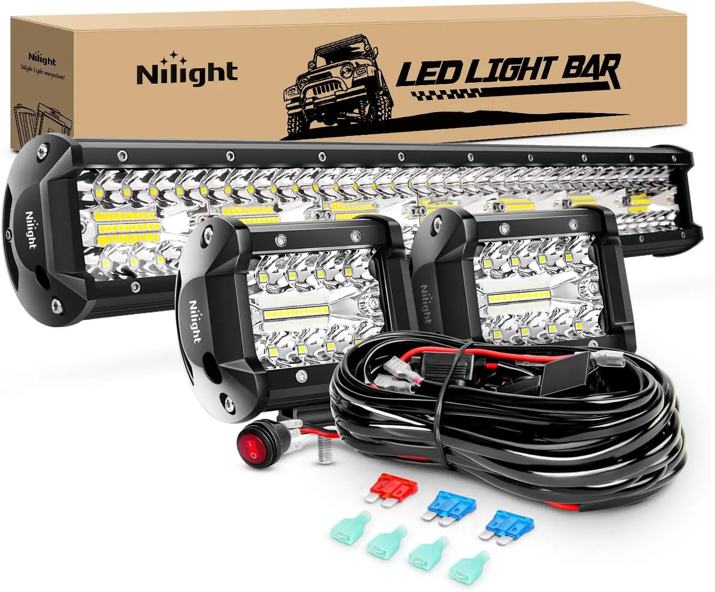 

20Inch 420W Triple Row Spot Flood Combo LED Light Bar with 4Inch 60W Cube Pods for Trucks Off-Road Wiring Harness Kit