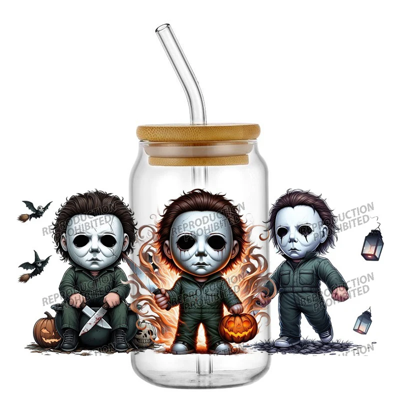 Halloween Chibi Horror Doll Series UV DTF Wraps Pumpkin Bat Balloon Waterproof Decals for 16oz Libbey Glass Cans