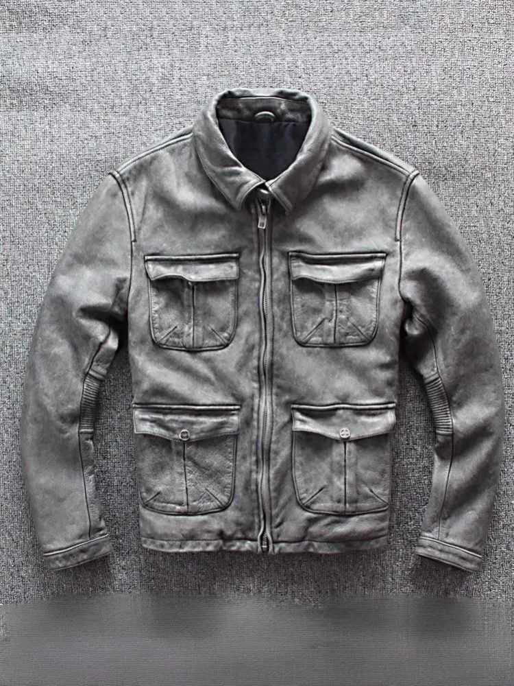 Vintage Style Streetwear Motorcycle Jacket Male Cwoskin Genuine Leather Punk Slim Fit Multiple Pockets Casual Cargo Short Coat