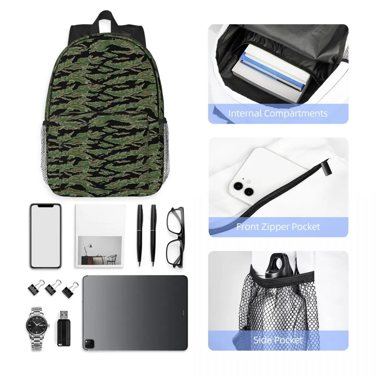 Tiger Stripe Camouflage Military Camo Backpack Student Boys Girls BookBag Men Women School Bag Computer Shoulder Bags