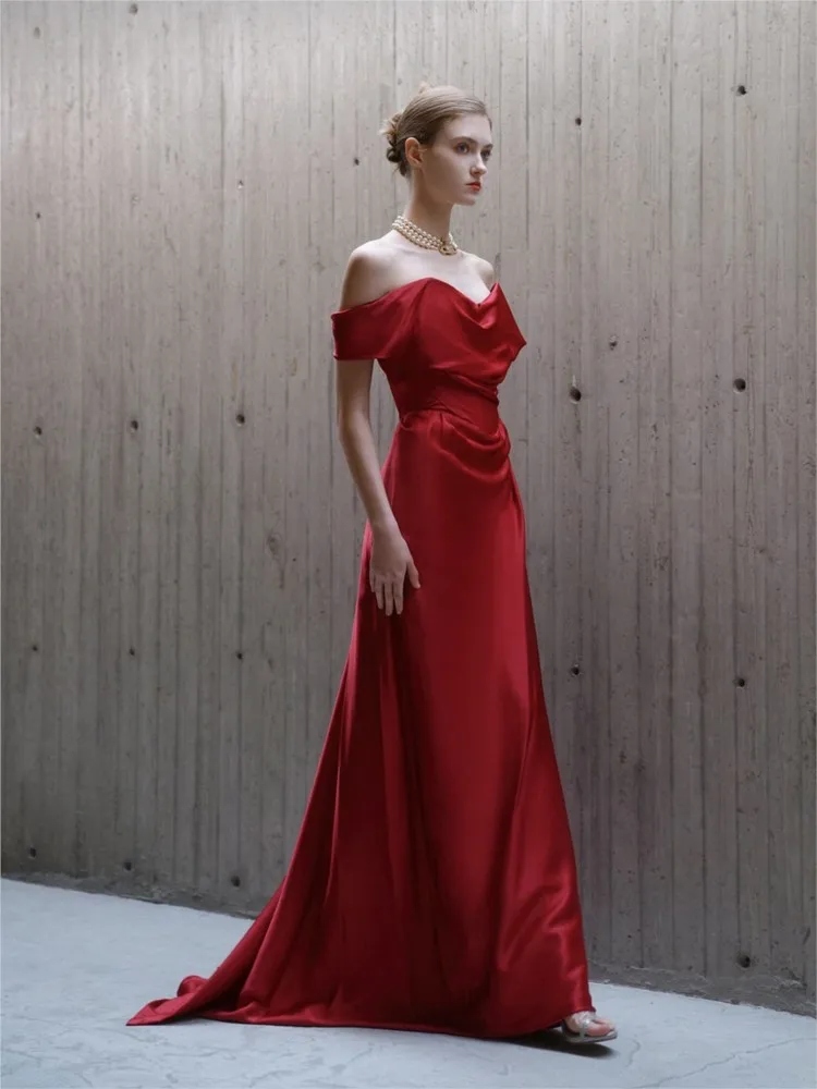 Acetate satin toasting banquet simple design plus-size red dress