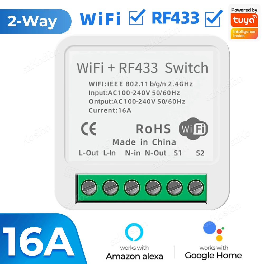 

Tuya RF433 WiFi Smart Switch Wireless Control 16A Mini Relay Receiver Smart Home Light Switch Module Work with Alexa Google