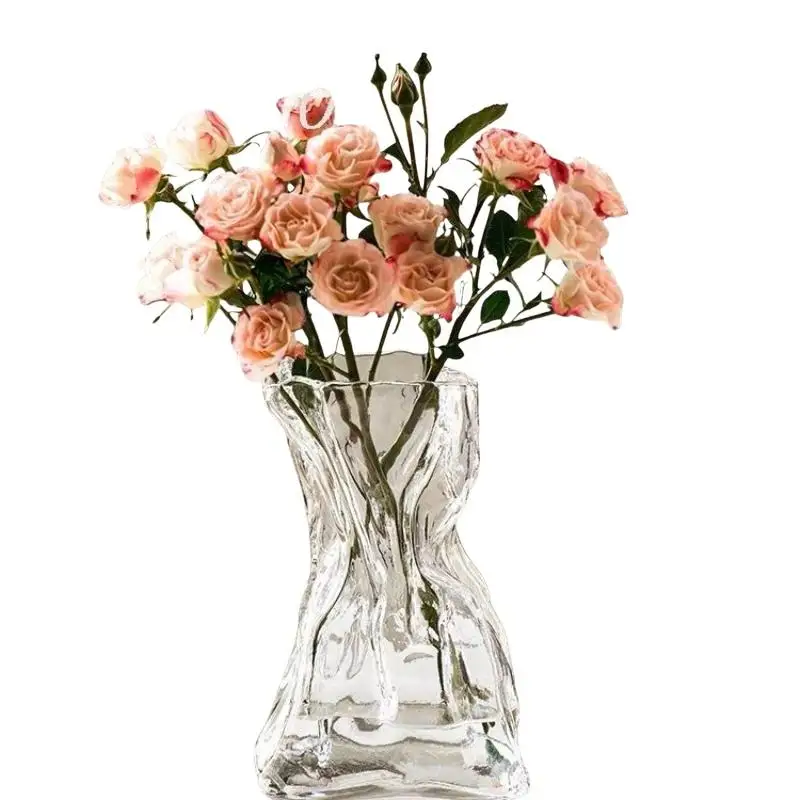 Clear Glass Flower Vase Minimalist Crinkled Irregular Glossy for Office Desk Home Dinner Party Centerpiece Decoration