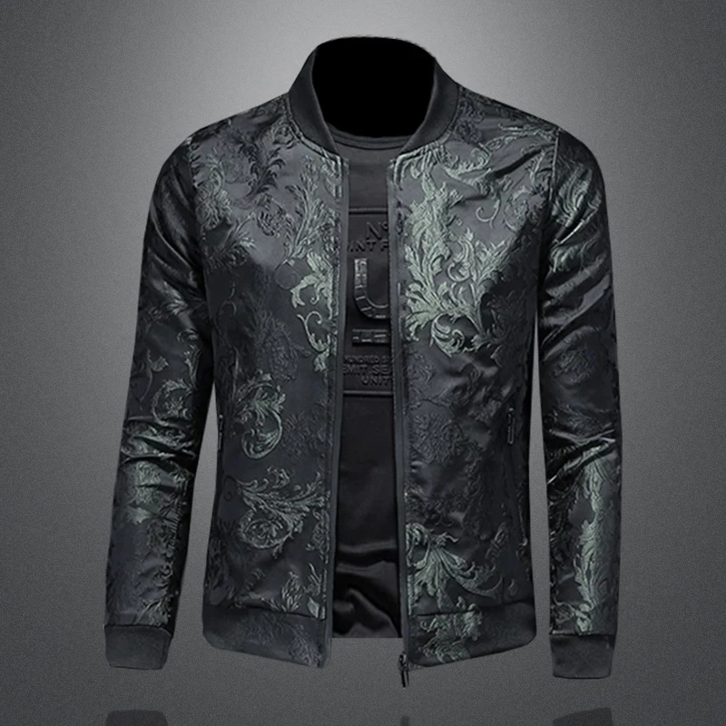 Men's Slim Floral Embroidered Jacquard Bomber Jacket Retro Vintage Spring Autumn Casual Business Coat Street Fashion