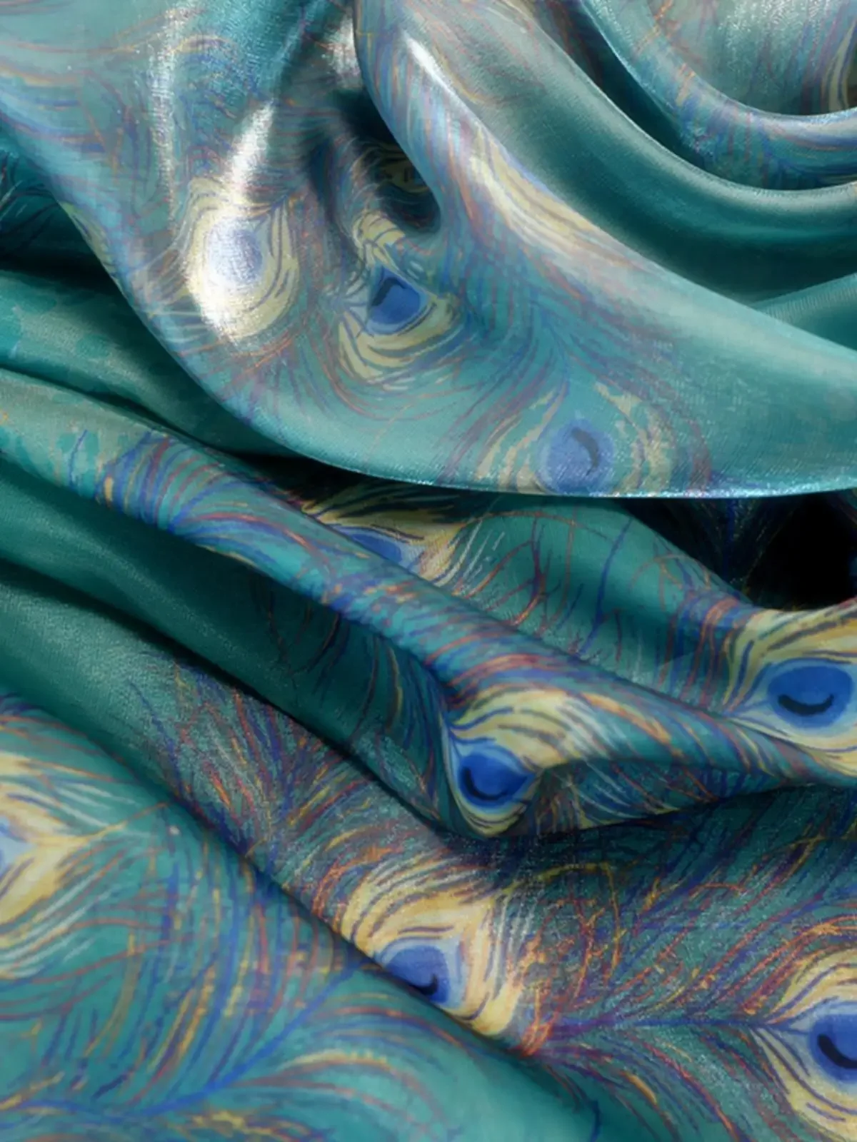 

High-End Silk Peacock Feather Print Organza Fabric Water Gloss Yarn for Skirt Stage Clothing Decoration