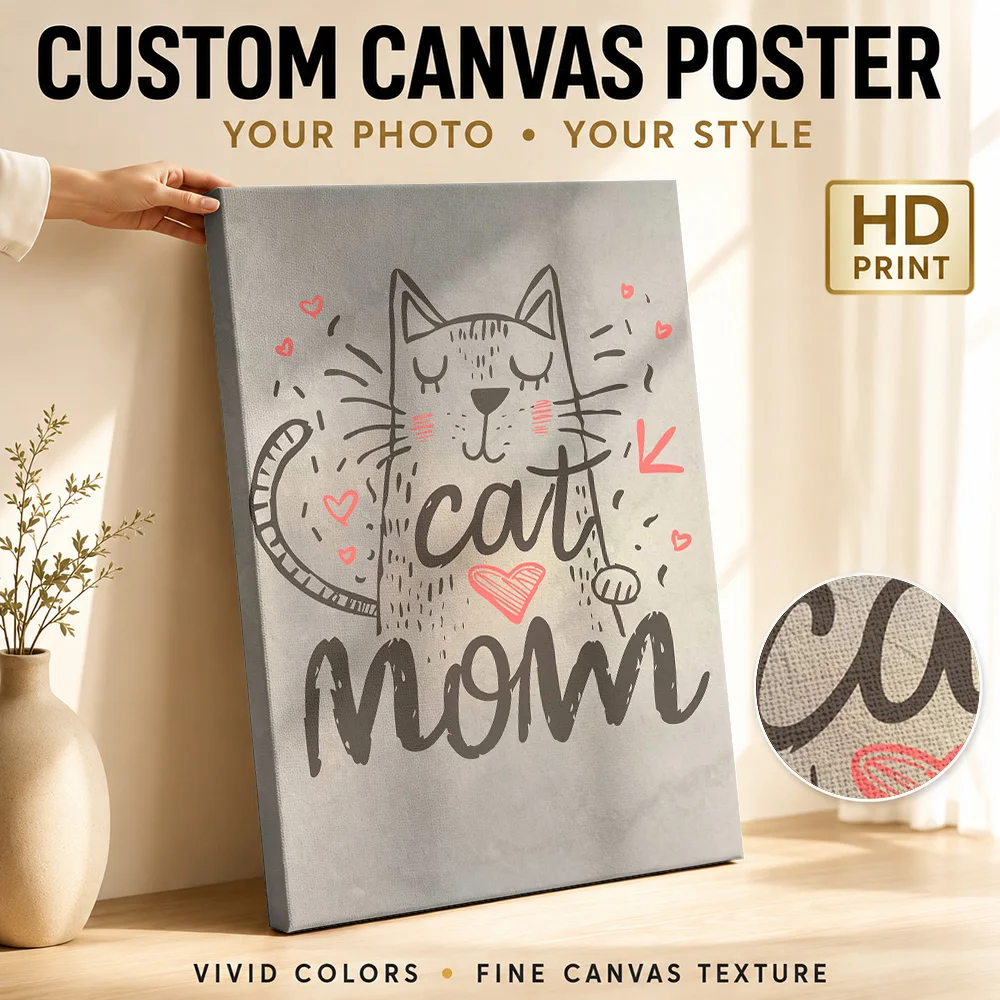 Cat Mom Typography Quote Wood Framed Canvas Print Personalized Photo Statement Lettering Wall Art For Home Office Birthday Gift
