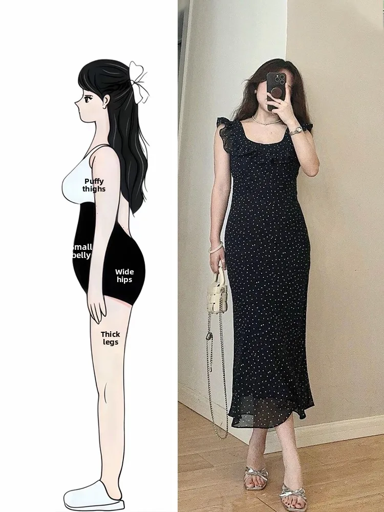 Hebe Sle Polka Dot Chiffon Dr Femmes Été Grande Taille Belle Taille Cinched Jupe Longue Français Sle Taille Haute A-Line...