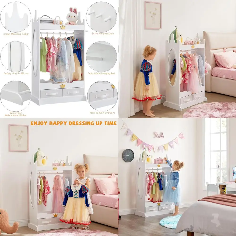 

Детский шкаф-зеркало с отсеками для хранения, детский гардероб из нетканого материала, белый открытый шкаф с перекладиной для вешалок для малышей