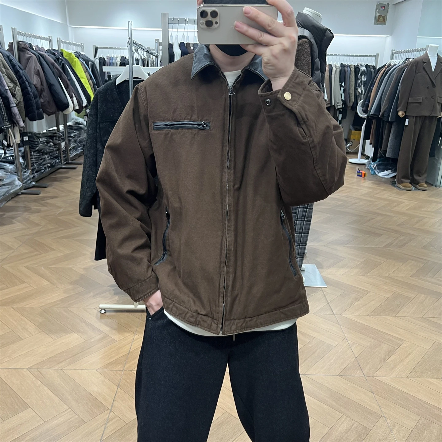 

CH Winter Barn Sle PU Leather Collar Men's down Jaet Loose Fit Retro Commute Warm Cotton Long Sve Zipper Coat