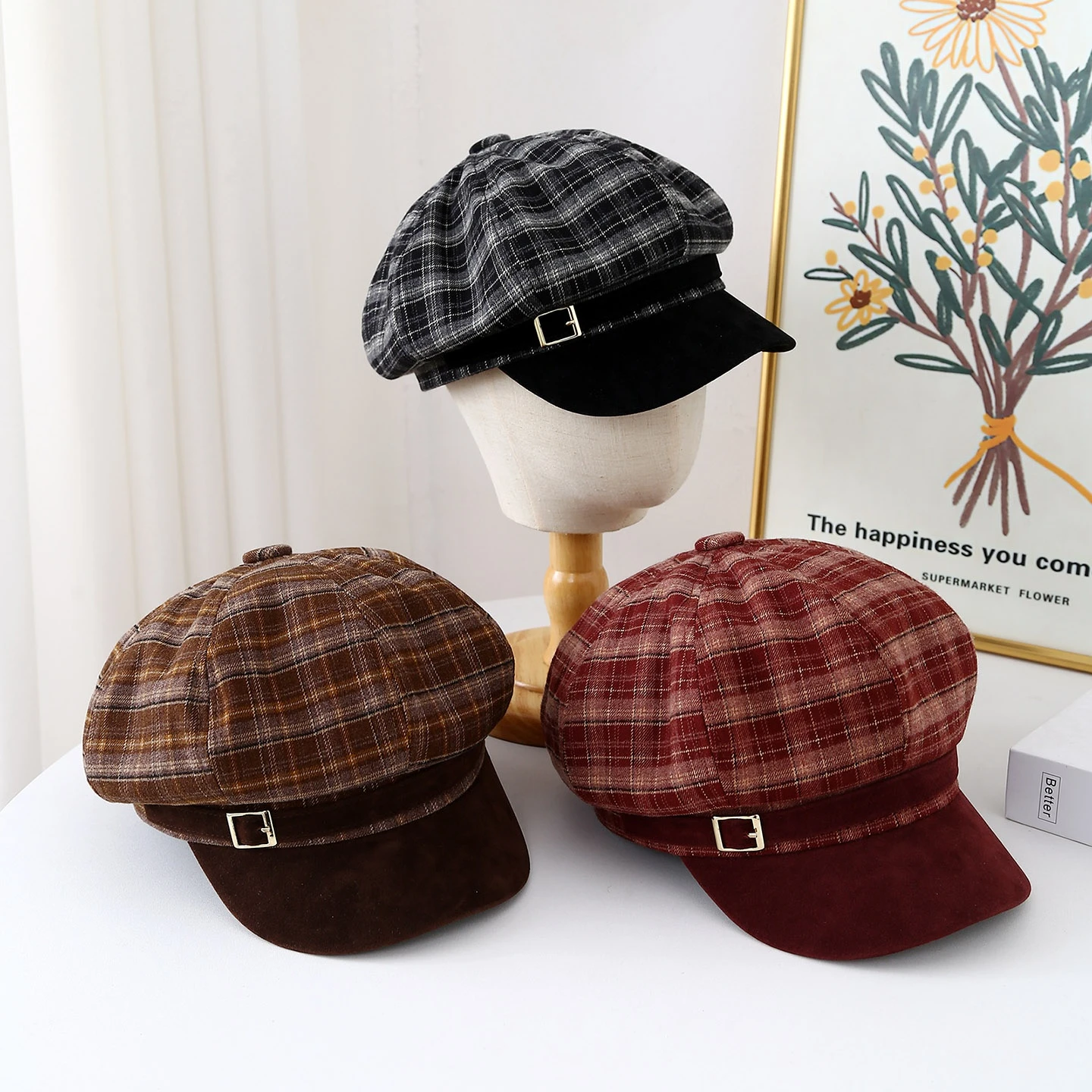 Vintage Rot Karierten Baskenmütze Hut Für Frauen Herbst Winter Zeitungsjunge Mütze Mit Achteckigen Design Mode Retro Stil Casual Neue