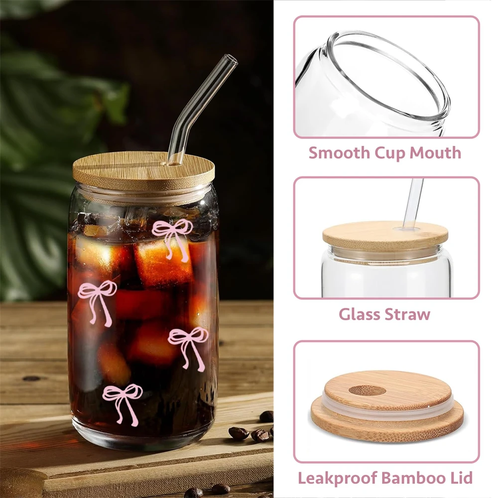 500ml Cute Pink Bow Glass Tumbler with Lid & Straw Reusable Cup for Iced Coffee Milk Tea Smoothie Cocktail Matcha Juice