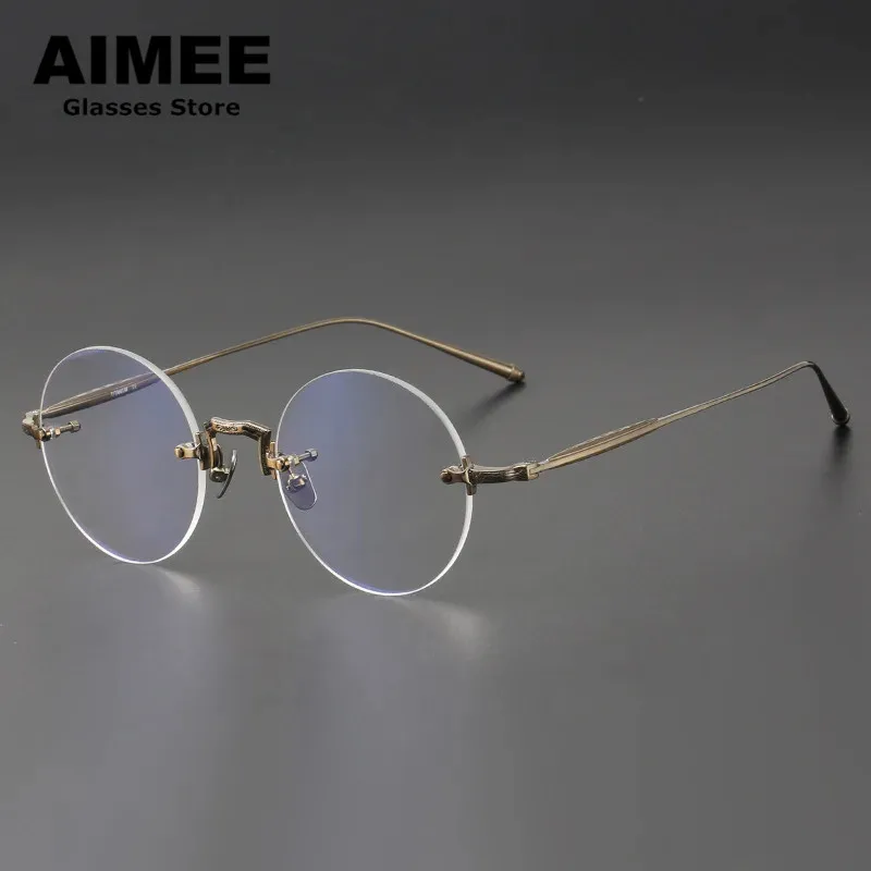 2024 New Japanese Style Pure Titanium Glasses Frame Men's Fashion Retro Round Rimless Eyeglasses Prescription Optical Eyewear