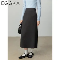 EGGKA  Autumn Back Slit Midi Skirts High Waist A-line Skirt for Women Slim Solid Mid Skirts Female Commute Straight Skirt Black