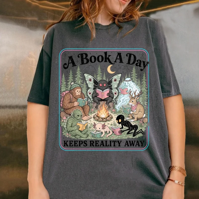 Cryptid Book Club T Shirt Bigfoot Mothman Jackalope Graphic Tee Funny Book Lover Reading T-shirt Casual Round Neck Tshirt