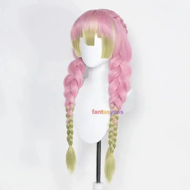 Kanroji Mitsuri Wig Kimetsu No Yaiba Cosplay Costume Long Pink Mixed Green Braid Wigs Party Hair for Halloween Role Play Party