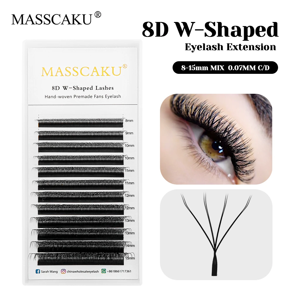 

MASSCAKU Customized Private Logo 3D Effect False Silk W Shaped Lashes C/D Curl Natural W Design Premade Volume Fans Lash Bundles