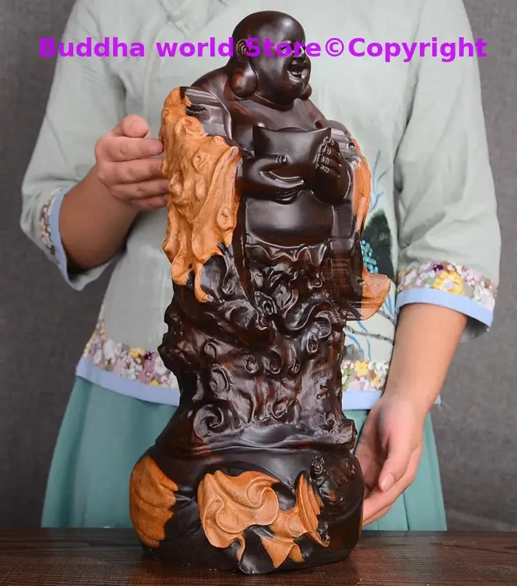 Large GOOD HOME SHOP Spiritual Mascot Standing Maitreya Mammon wealth God FU Buddha Handmade Ebony Wood carving ART statue