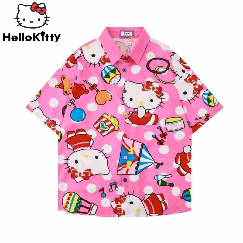 Sanrio Hello Kitty Cute Button Up Shirt Short Sleeved Summer Casual Beach Style Blouse Women Men Fashion Tops Y2k Kawaii Clothes