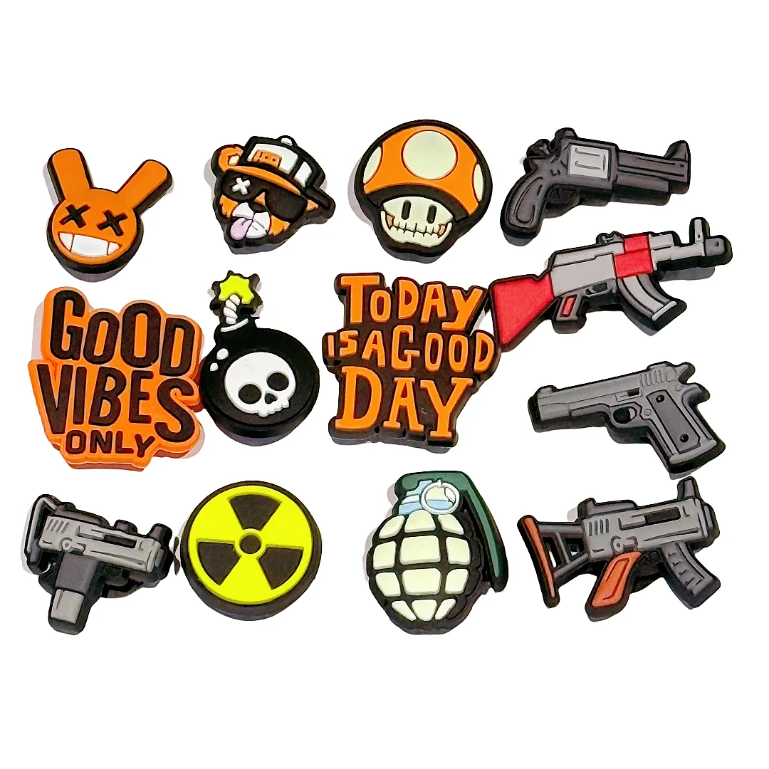 8-13Pcs Weapons Gun PVC Shoes Charms Decorations Good Vibes Only Man Cool Sandals Clog Buckle Fit Unique Party Gifts
