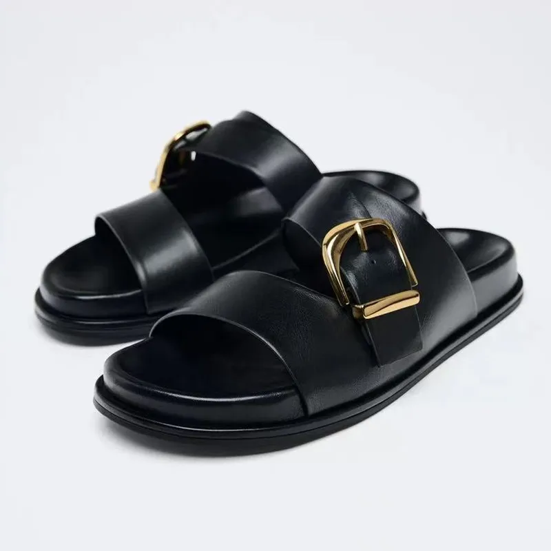 

Luxury Metal Buckle Decoration Flat Sandals Women Fashion Black Wide Strap Open Toe Platform Slippers Comfortable Beach Sandals